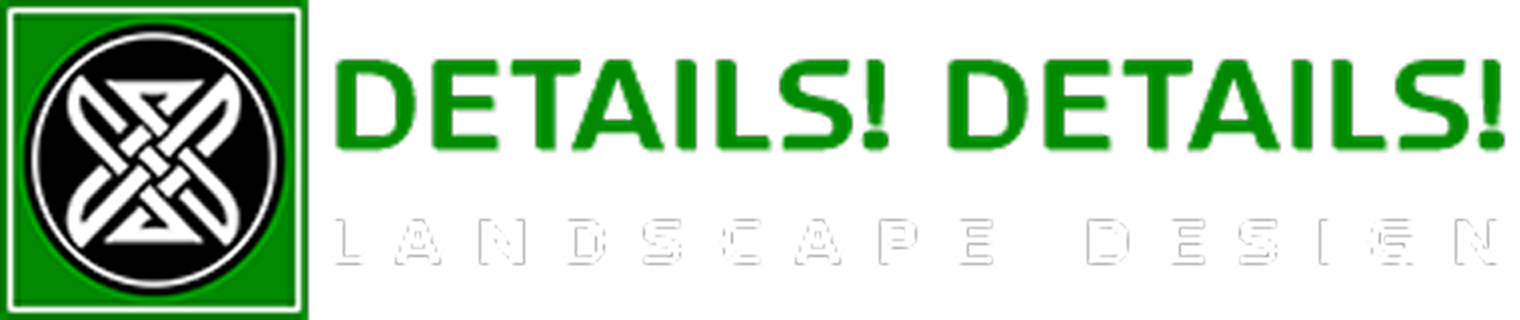 Logo featuring a green square with a black and white geometric design, next to the text "DETAILS! DETAILS! LANDSCAPE DESIGN.
