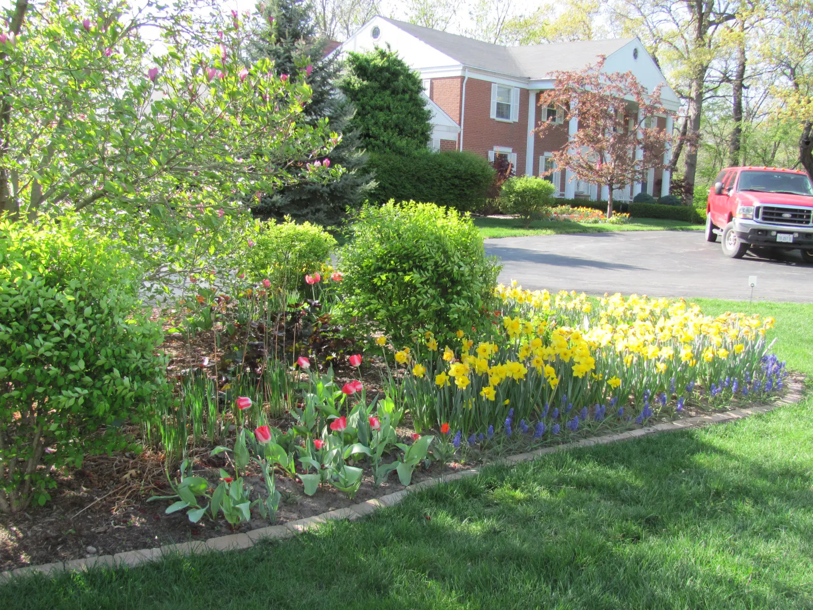 A garden with flowers and bushes in the foreground.