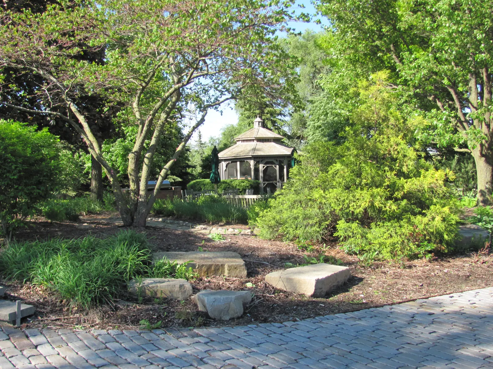 A garden with trees and rocks in the foreground.